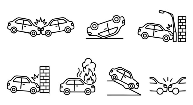 Car Accident Icon Set with Collision, Overturned Vehicle, Wall Crash and Burning Car Outline Illustration Isolated 