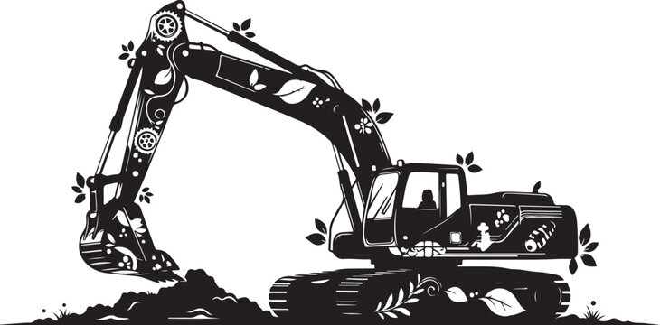 Black excavator with floral pattern on white background