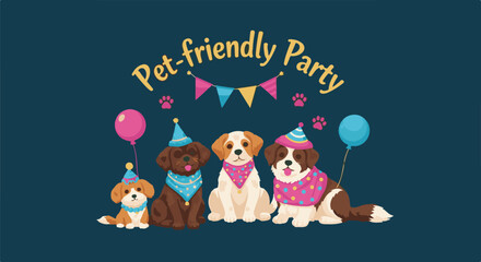 Fototapeta premium Four dogs in party hats and bandanas celebrate a pet-friendly party