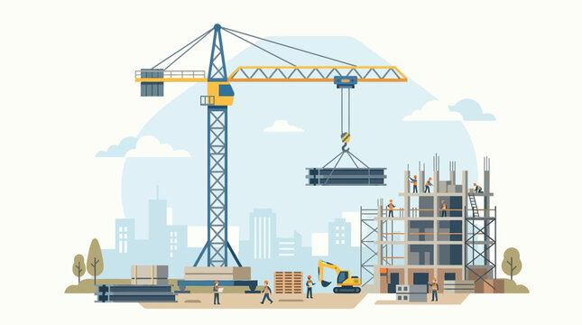 Construction Site Flat Vector Illustration with Tower Crane, Building Process, Engineers and Heavy Machinery in Urban City Background