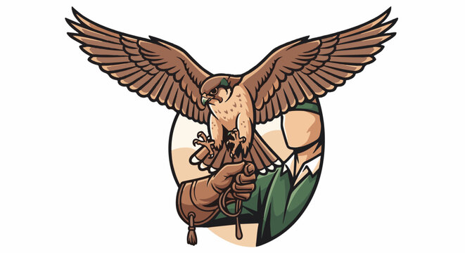 Falcon perched on a gloved hand with wings spread wide