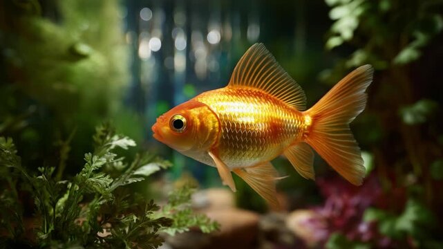 A Captivating Goldfish Swimming Gracefully Through a Lush Aquatic Environment with Vibrant Green Plants and a Mystical Background of Underwater Beauty