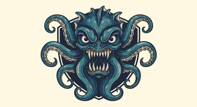 Fierce blue kraken monster with sharp teeth and tentacles on shield