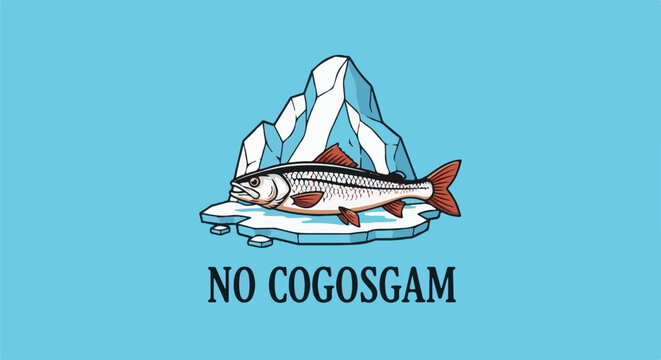 Fish on iceberg with text 'NO COGOSGAM' against blue background
