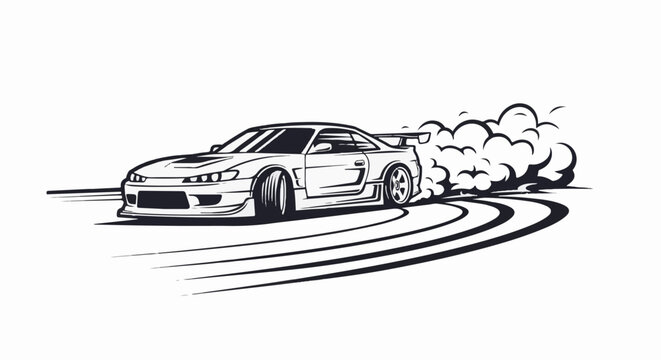 Dynamic illustration of a car performing a smoky drift maneuver on a track