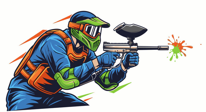 Dynamic illustration of a paintball player in protective gear aiming a marker