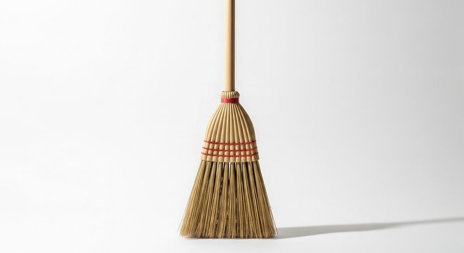 A domestic straw besom broom and shovel tool set for household cleaning and sweeping housework sits isolated on a tidy wooden background and a clean white floor