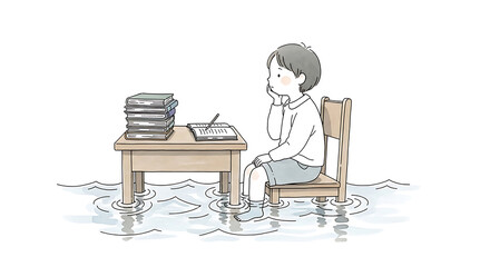 Fototapeta premium A young boy sitting at a desk in floodwater with books and notebook water color painting