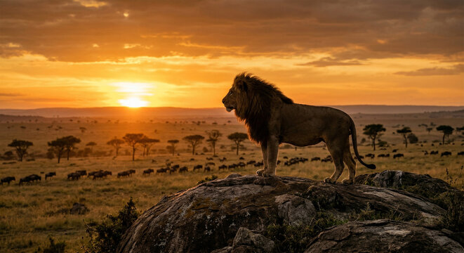 : A majestic, hyper-realistic shot of an adult male African lion with a dark, full mane, standing atop a weathered kopje (rock formation) at sunset. He is surveying the vast Serengeti plains below.