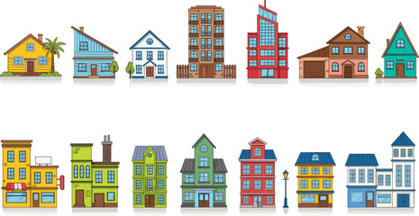 Vector Collection of Diverse Residential Houses and Urban Buildings Featuring Modern Cottages City Apartments and Suburban Homes Isolated on White Background for Real Estate Design © Asraful