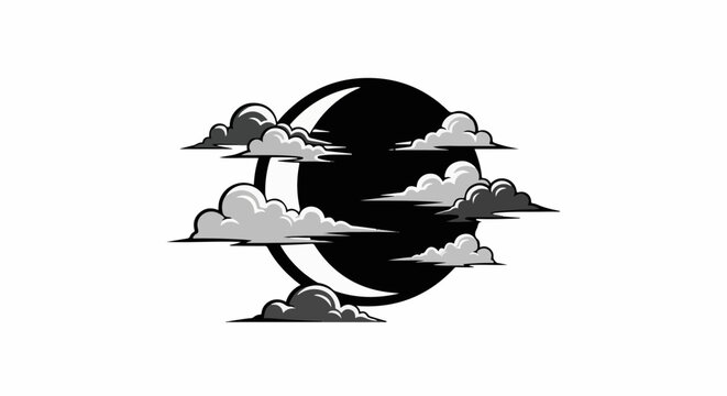Crescent moon peeking through clouds at night
