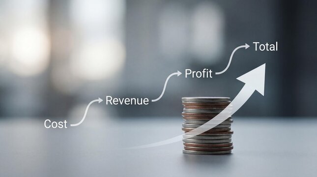 Stack of coins with increasing profit and revenue arrows on a gray surface in a blurred background