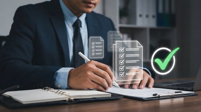 Businessman reviewing and signing off on a checklist document with a virtual green checkmark confirming successful task completion and project approval.