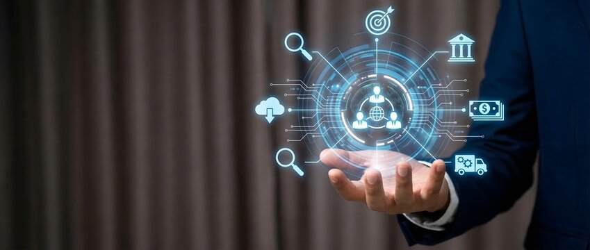 Digital ecosystem concept with connected business service icons around glowing core for integrated platform solutions