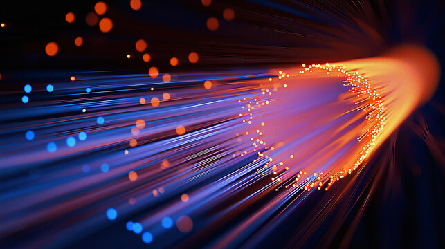 Conceptual side view of a fiber optic cable,energy and light flowing through its core,cable.
Fine, hair-like glass fibers are visible, emitting glowing particles that look like digital dust or data pa