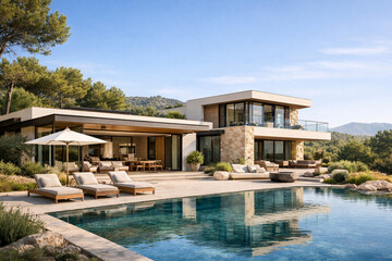 Fototapeta premium Sunlit dream home featuring stunning design and a tranquil poolside oasis