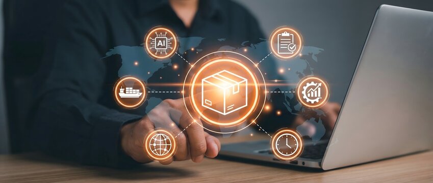 Business professional using AI logistics dashboard with connected supply chain icons for smart workflow automation and operations
