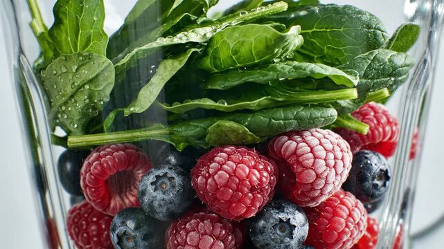 Frozen raspberries, blueberries, and spinach in blender for smoothie