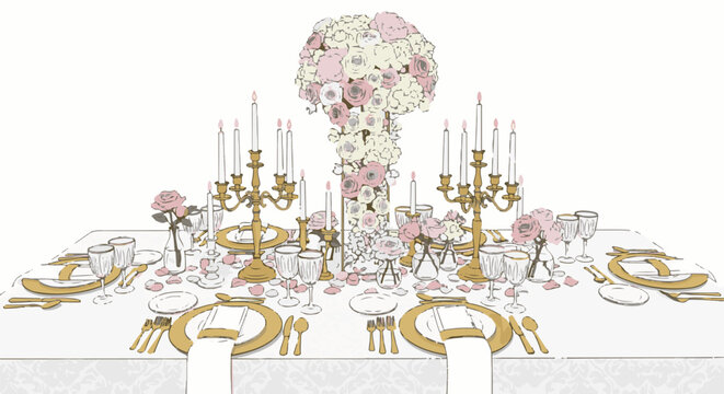 Elegant table setting with floral centerpiece, candelabras, and fine dinnerware