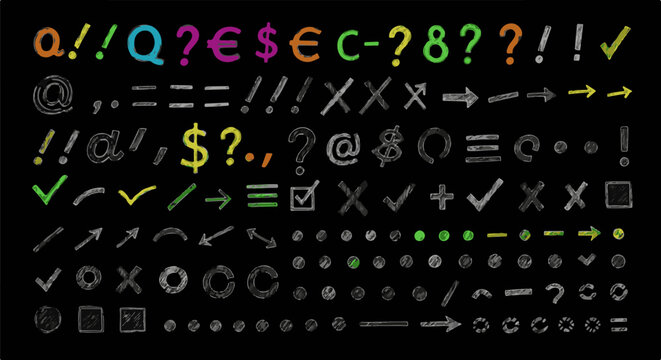 Diverse chalk-style symbols and punctuation marks on a black background