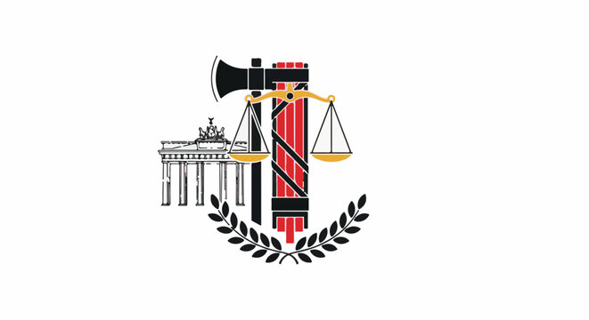 Emblem featuring Brandenburg Gate, fasces, scales of justice, axe, laurel wreath