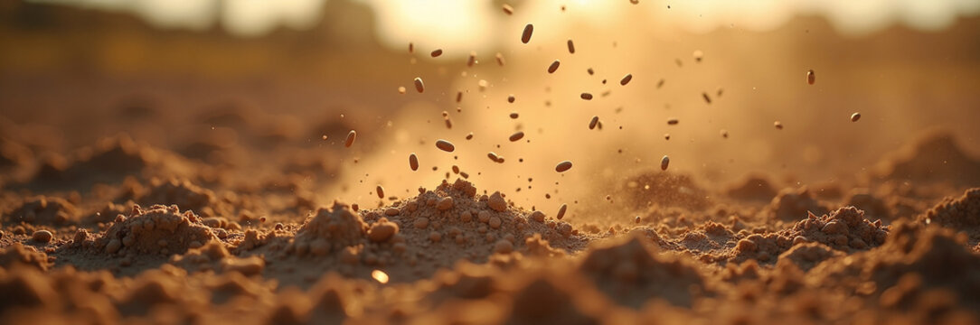 Dust particles rising from ground surface in warm sunlight. Dust creates natural beauty, enhancing visual appeal in outdoor environments, evoking feelings of ancient stories and biblical parables.