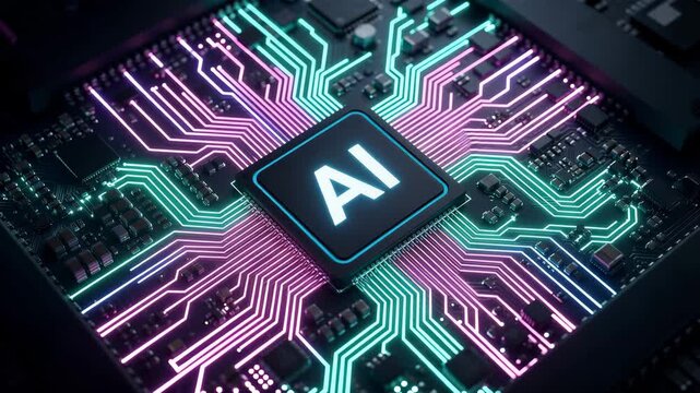 Cyberpunk style glowing AI cpu chip and neon circuit board closeup for big data processing, neural network and future tech concept