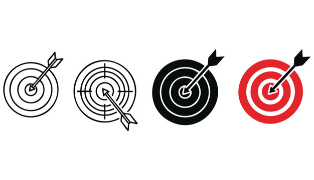 Target icon with arrow in center symbolizing goal, focus and accuracy. Bullseye pictogram for success, achievement, strategy and direction. Ideal for planning, performance, and business goals concept.
