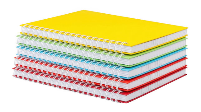Stack of colorful spiral bound notebooks on white background