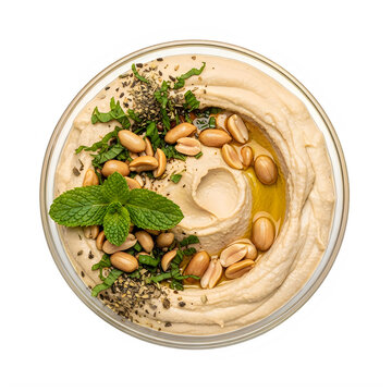 A bowl of hummus with pine nuts and herbs on top isolated on transparent background