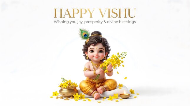 Baby krishna celebrating vishu festival with flowers and peacock