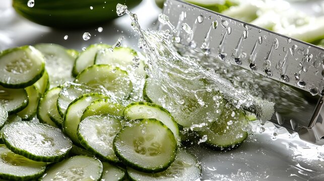 Mandoline slicing cucumber pieces rotating mid-air professional kitchen tool demonstration blade efficiency vegetable preparation technique water splash fresh