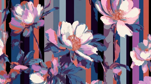 Modern artistic pattern featuring large painted pink and blue peonies over a bold vertical striped background in navy orange and purple for textile fashion design and home decor fabrics