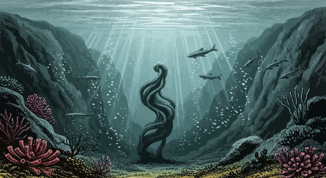 Underwater Coral Reef Scene with Abstract Sea Creature