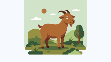 Fototapeta premium Cartoon Goat Standing Proudly in a Green Field with Trees.