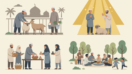Fototapeta premium Eid alAdha Celebration Muslims Performing Rituals and Sharing Food.