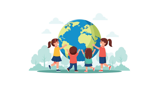 Group of diverse children lovingly hugging a giant globe of the Earth to represent global unity, peace, and environmental care.