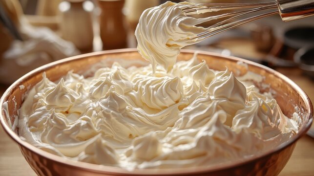 Cream whipping peaks macro shot soft medium formations whisk lifting copper bowl natural organic shapes dramatic lighting culinary action ingredient movement