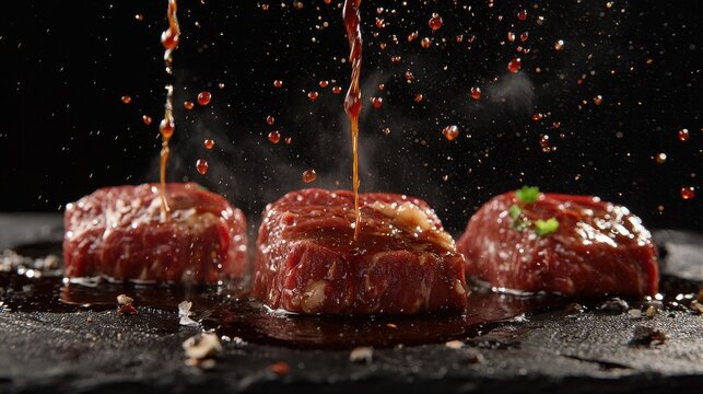 Marinade coating meat beef steaks liquid pouring splashing motion droplets sesame garnish dark slate surface dramatic lighting high-speed photography culinary action