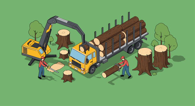 Heavy machinery and workers engaged in logging operations with a yellow crane truck and felled timber in a green forest area.