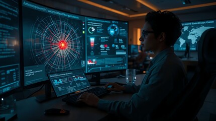 Fototapeta premium Focused Analyst Monitoring Complex Data Visualization in Dark Control Room