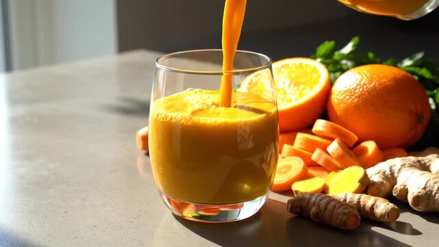 Fresh orange carrot ginger turmeric juice pouring into glass