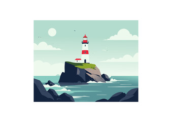  Faro sobre acantilado rodeado de mar en composición gráfica limpia. 