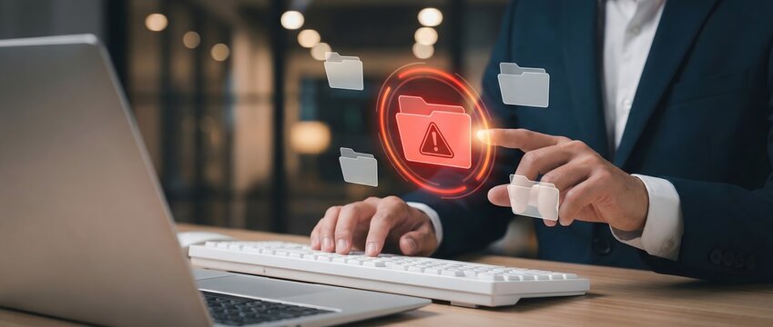 Person working at a desk, typing on a keyboard, is pointing at a central holographic folder icon engulfed by a pulsing red warning circle, signifying an urgent and critical data or system alert.