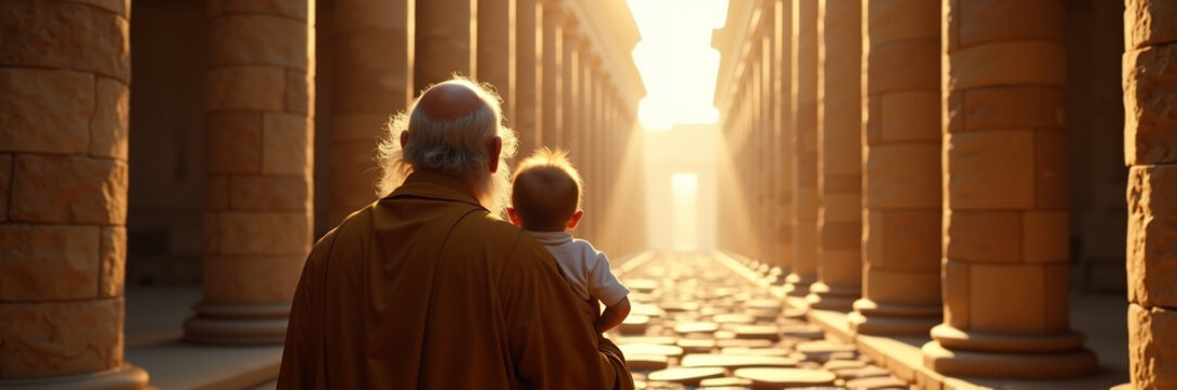 Elderly man carrying child in ancient temple with warm sunlight shining through columns. The scene captures a sense of timelessness and wisdom, reminiscent of biblical parables.