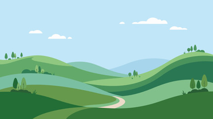 Fototapeta premium Rolling Green Hills Under a Blue Sky with White Clouds.