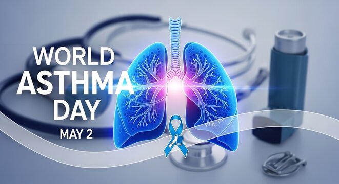 A medical illustration for World Asthma Day on May 2, featuring a stethoscope, inhaler, and glowing blue lungs.