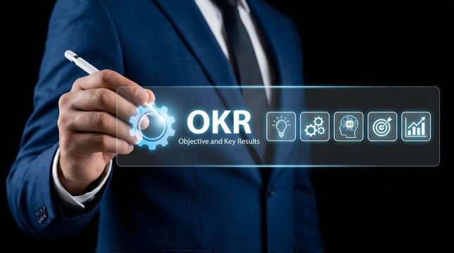 Professional in a sharp blue suit is presenting a transparent virtual screen displaying "okr objectives and key results" alongside various business goal-oriented icons.