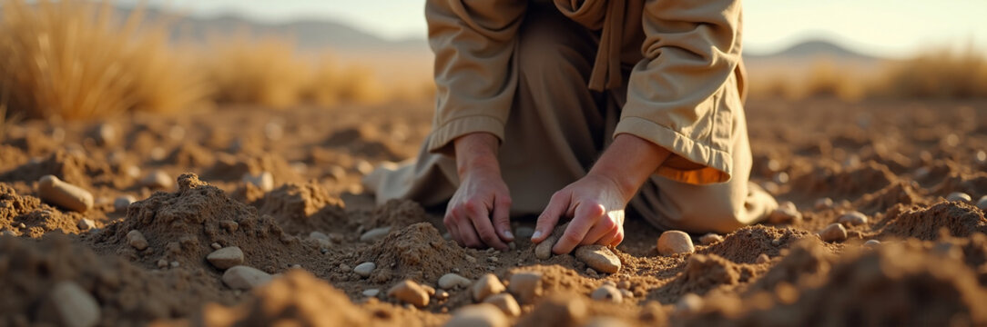 Hands in earth preparing soil for planting seeds, person working diligently in arid land under golden sunlight. Soil preparation reflects parables from the Bible,