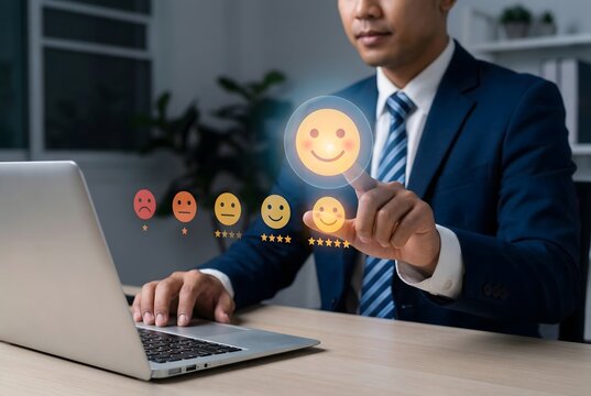 Professional is interacting with a virtual interface on a laptop, deliberately selecting a very happy emoji, representing excellent customer satisfaction or a positive user experience feedback system.